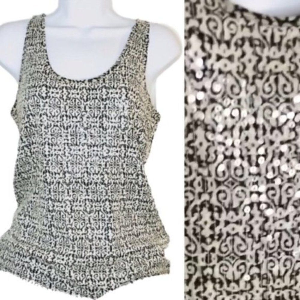 JCrew Sparkle Clear Sequin Geometric Black Cream Cotton Tank Top XS